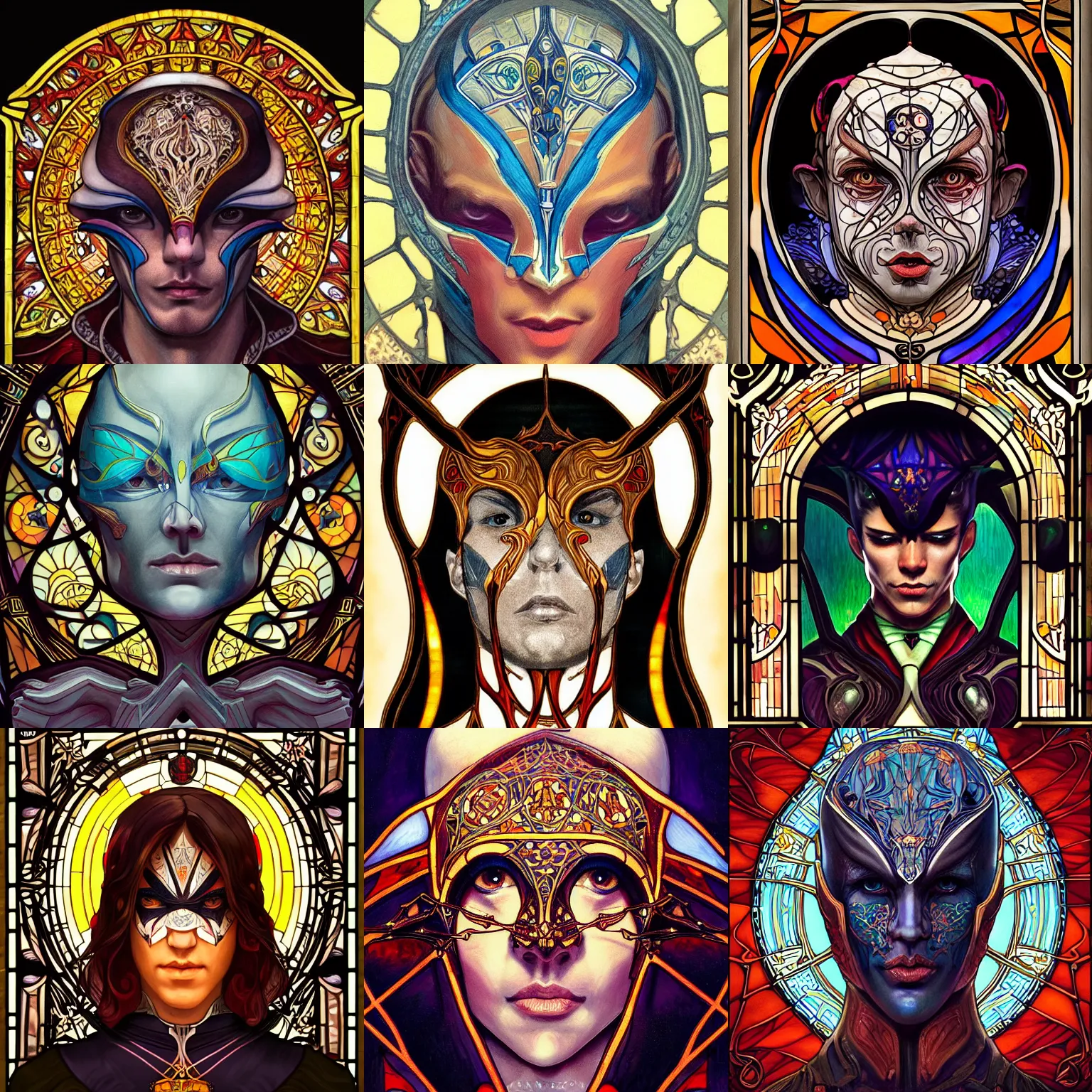 Prompt: head-on symmetrical centered painted portrait, male imp assassin, art nouveau, tarot card style, complex stained glass, fantasy, intricate, elegant, highly detailed, smooth, sharp focus, illustration, artstation, in the style of Artgerm and Anna Podedworna and Alex Ross