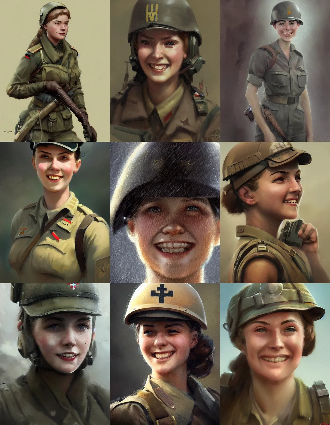 Prompt: young female ww 2 combat engineer, smiling, digital portrait by greg rutkowski, intricate, soft focus, highly detailed, cinematic, epic, artstation