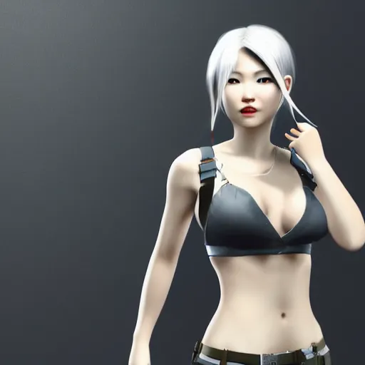 Image similar to Lara Croft as a beautiful korean girl, white hair, 2030 fashion, studio photography, 4k, studio lighting, minimalistic wallpaper background, realistic