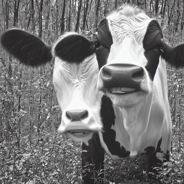 Image similar to trail cam infrared footage grainy VHS of smiling grinning wide-eyed cow-man