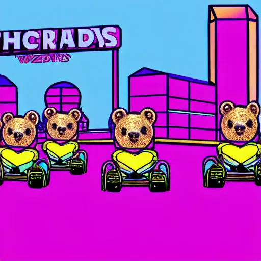 Image similar to teddy bears riding bumper cars in a theme park, synthwave, digital art