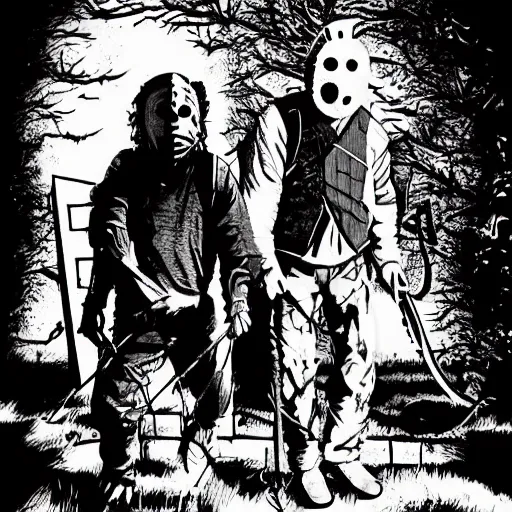 Prompt: Leatherface and Jason voorhees in a Wes Anderson style horror movie