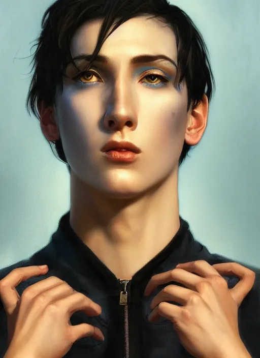 Image similar to androgynous young man with short black hair, light blue eyes, glowing, golden hour, wearing jeans and a black hoodie, realistic painting by ross tran and gerald brom and alphonse mucha, trending on artstation