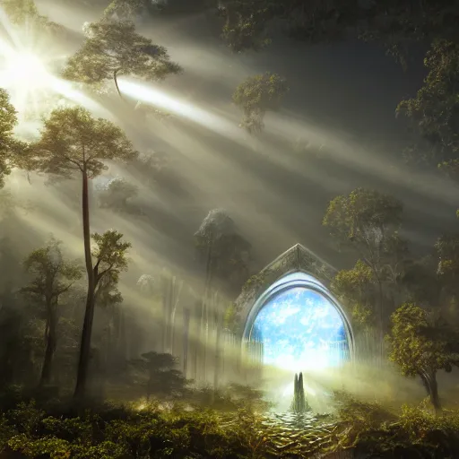 Prompt: cyber tectonic organic mystical megastructure luminous crystal architectures in the sky like the tree of life, by albert bierstadt, by glen small, by giovanni battista piranesi, photorealistic, god rays, octane render, depth of field, volumetric light, volumetric fog, holy spirit