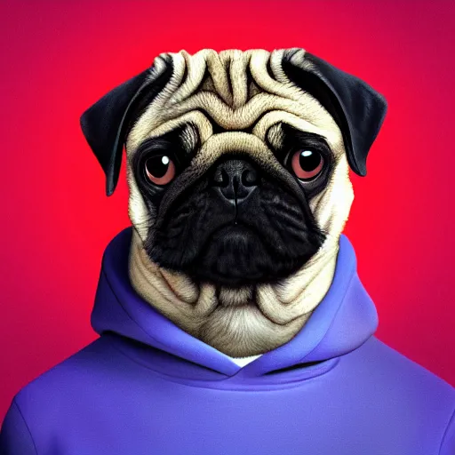 Prompt: a sad pug wearing a hoodie, the word ( sad ) is written on the hoodie in upper case letters, clear word, digital art, synthwave style, trending on artstation, matte painting