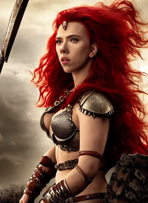 Image similar to scarlett johansson portraying a beautiful red sonja, beautiful scarlett johansson red sonja, movie, hyper realistic, hollywood promotional image, imax, 8 k