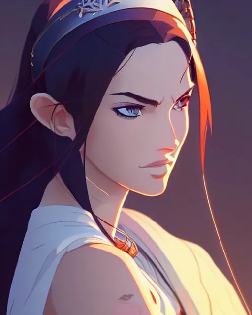 Image similar to azctec archer, megan fox, gemstone forehead, detailed perfect face, exquisite details, fire magic, mid view, design on a white background, by studio muti, greg rutkowski makoto shinkai takashi takeuchi studio ghibli