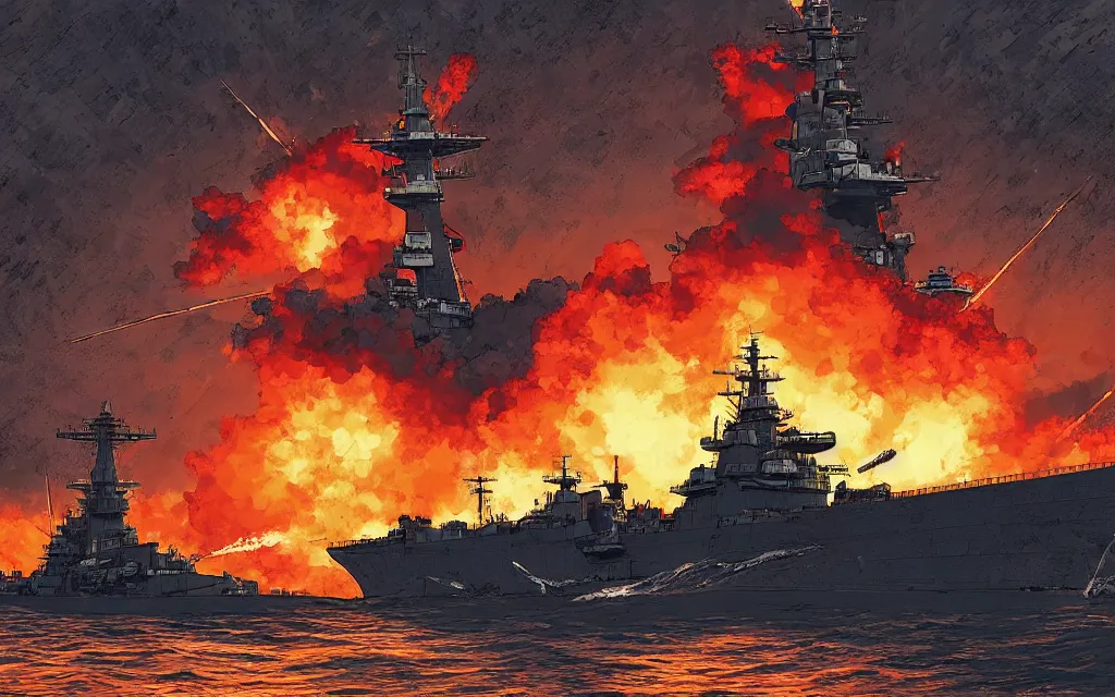 Image similar to japanese battleship yamato in front of huge nuclear explosion, in the style of james jean and laurie greasley, dynamic composition, dramatic lighting, ultra detailed