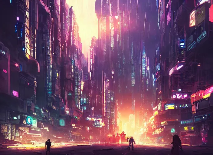 Image similar to meteorite hitting a cyberpunk city at night by wlop, key visual, high detail, digital art