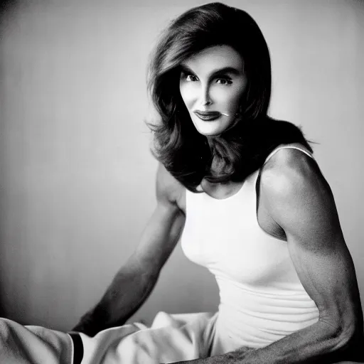 Image similar to photo of Caitlyn Jenner by Diane Arbus, black and white, high contrast, Rolleiflex, 55mm f/4 lens