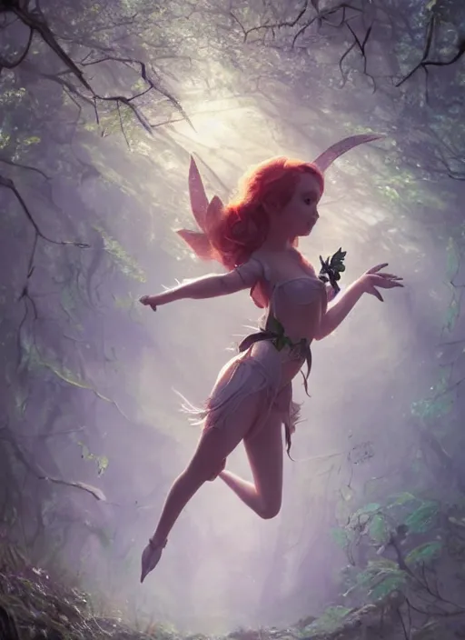 Image similar to evil tinker bell flying in an enchanted forest, flawless symmetrical pretty cute face, greg rutkowski, 8 k, shallow depth of field, intricate detail, concept art,