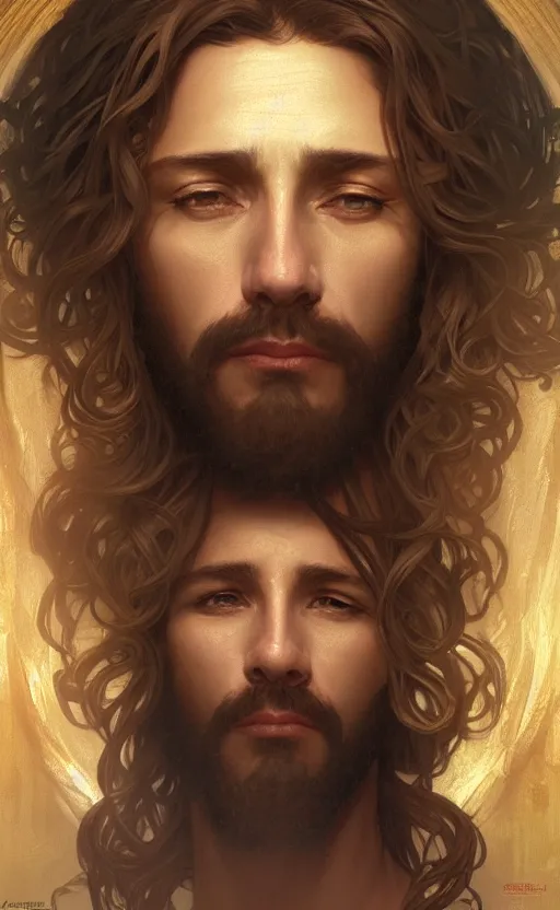 Image similar to Portrait of Jesus with a divine halo, intricate, headshot, highly detailed, digital painting, artstation, concept art, sharp focus, cinematic lighting, illustration, art by artgerm and greg rutkowski, alphonse mucha, cgsociety