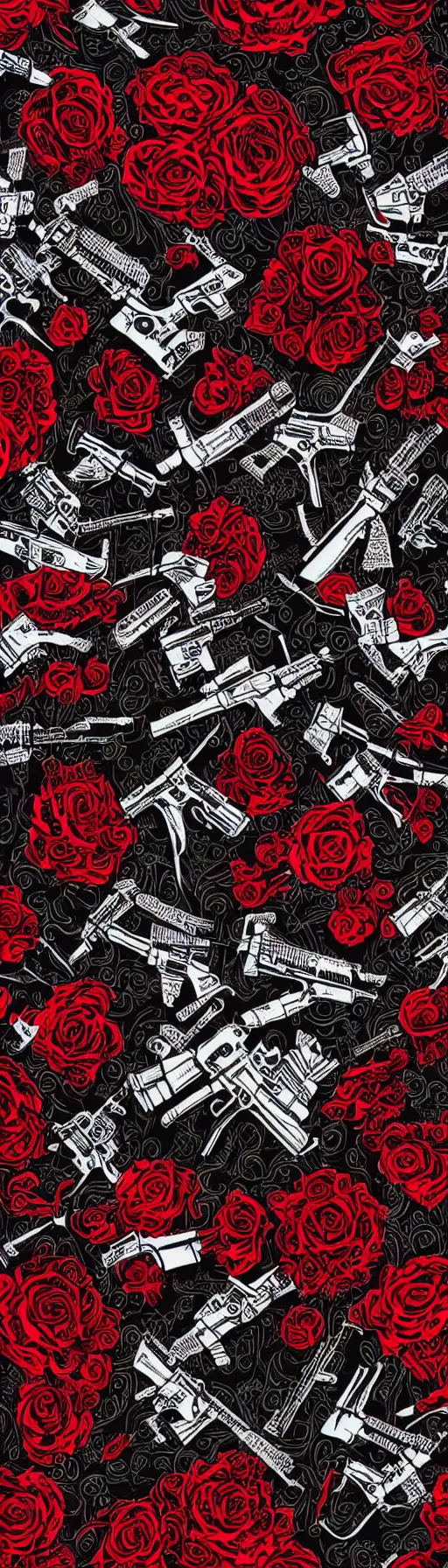 Image similar to guns and roses on a crimson and black background, intricate illustration