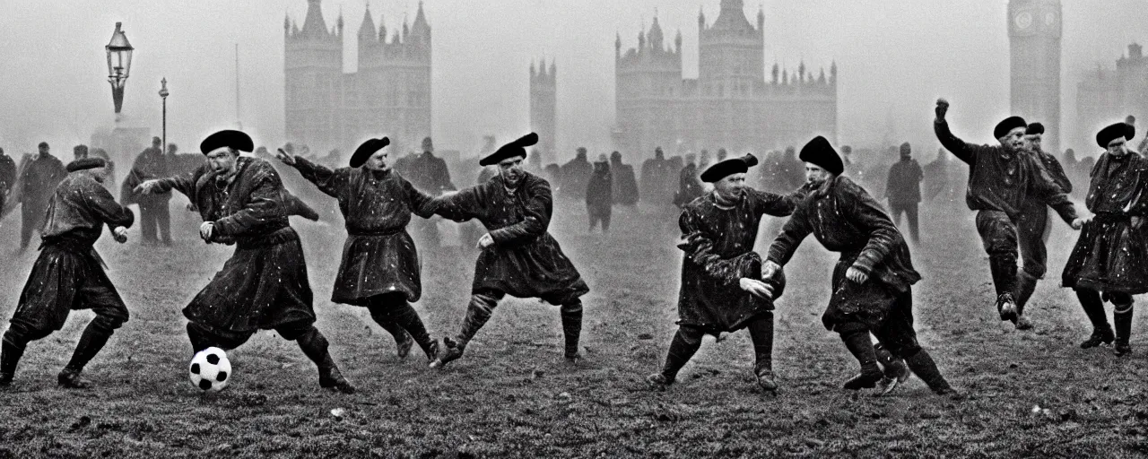 Image similar to ukrainian cossacks play football in london, early 2 0 th century, rain, realistic, hyper detail, dynamic, in john baeder style, many details, super realistic, high quality, 8 k