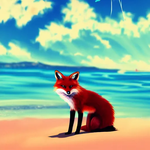 Image similar to fox chilling on the beach, photo, vaporwave, artstation