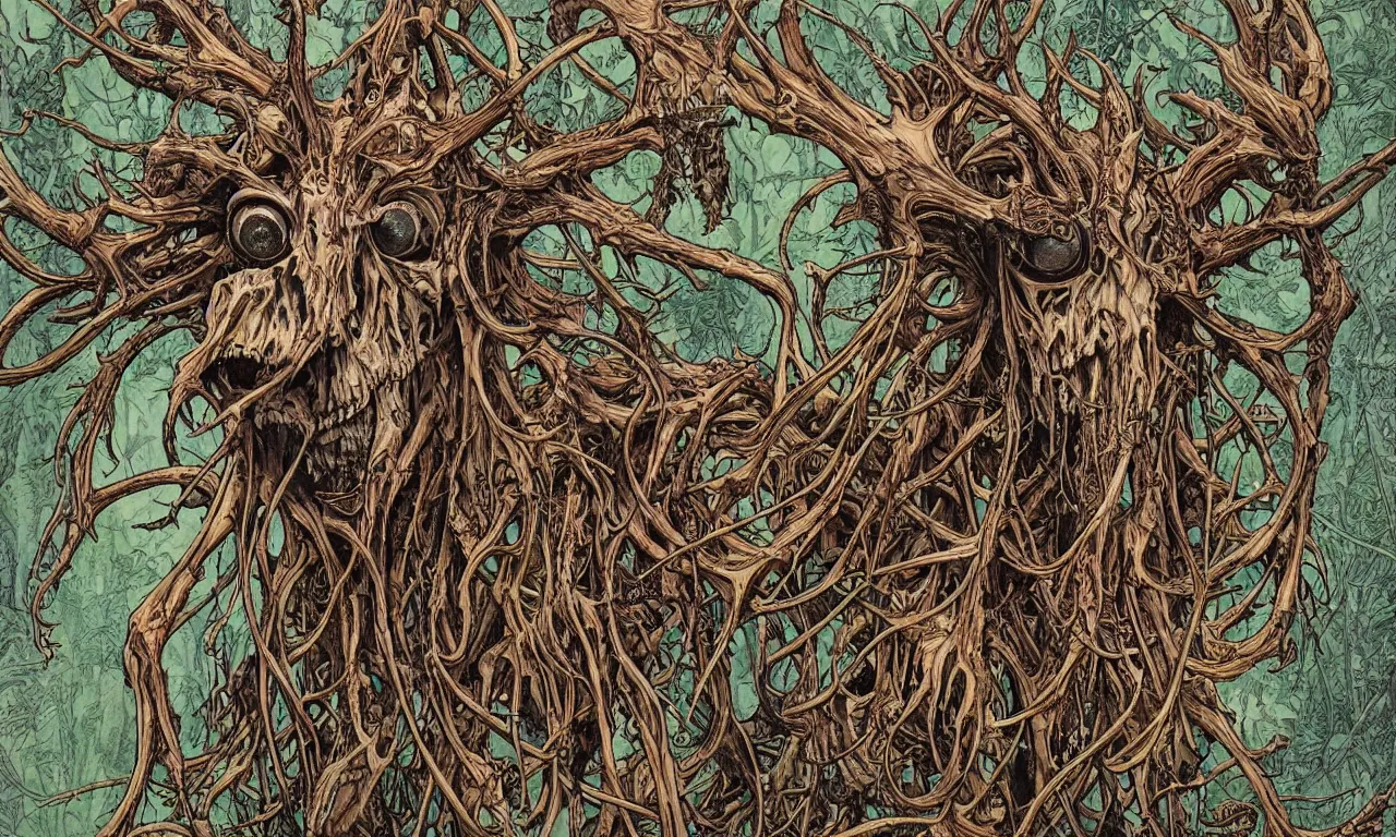 Image similar to hyperdetailed art nouveau portrait of treebeard as a cthulhu eyeball moose skull wendigo cryptid monster, by geof darrow, simon bisley and bill sienkiewicz, grim yet sparkling atmosphere, photorealism, claws, skeleton, antlers, fangs, forest, wild, crazy, horror, lynn varley, lovern kindzierski, steve oliff