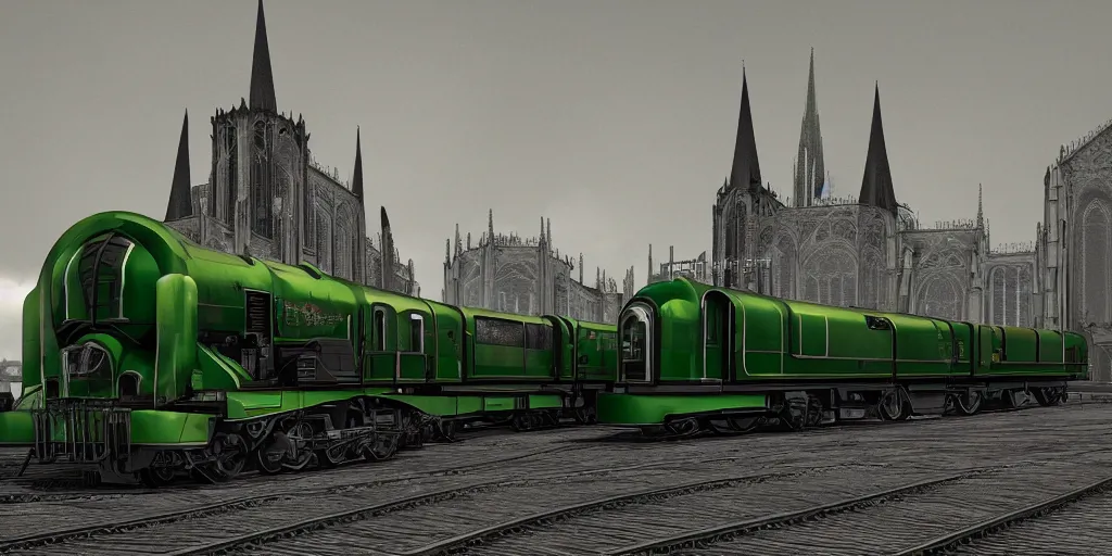 Prompt: hybrid of steel streamline retro train and gothic cathedral church, green locomotive lantern, streamline style, art Deco style, high details,Gothic style, octane render, 8k, artstation, diselpunk, snow