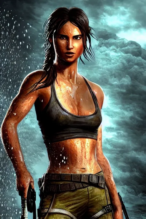 film scene of lara croft, drenched body, wet dripping | Stable ...