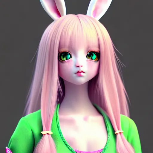 Prompt: ultrarealistic sweet bunny girl, intricate details, green eyes, 8K, long hair, fluffy, pink