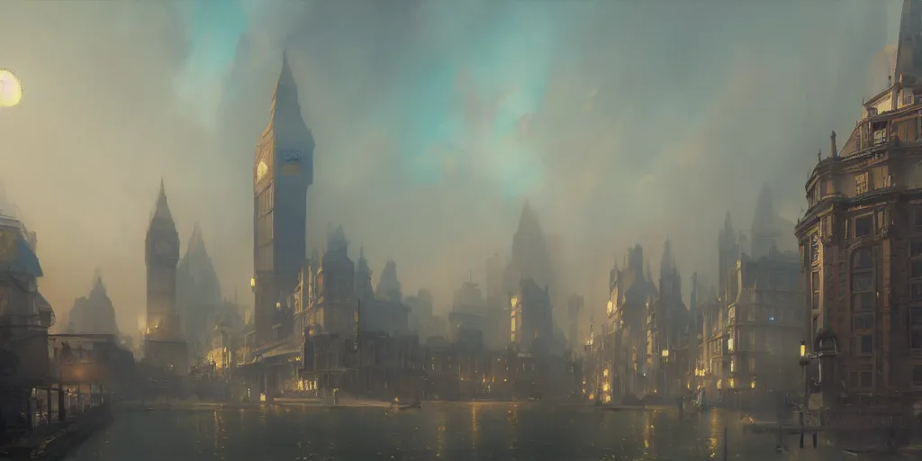 Image similar to london in 1 9 1 7, extremely detailed digital painting, in the style of fenghua zhong and ruan jia and jeremy lipking and peter mohrbacher, mystical colors, rim light, beautiful lighting, 8 k, stunning scene, raytracing, octane, trending on artstation