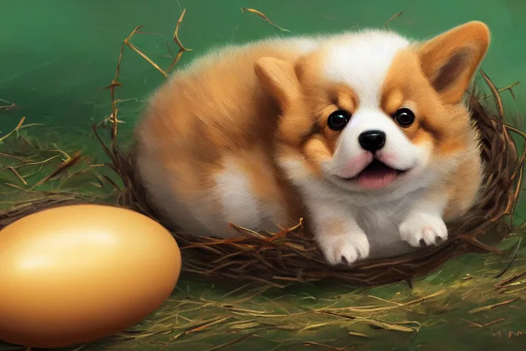 Image similar to a baby corgi crawling out of an egg laying in a nest, fantasy art, oil painting, concept art, 4 k, extremely detailed, realistic,