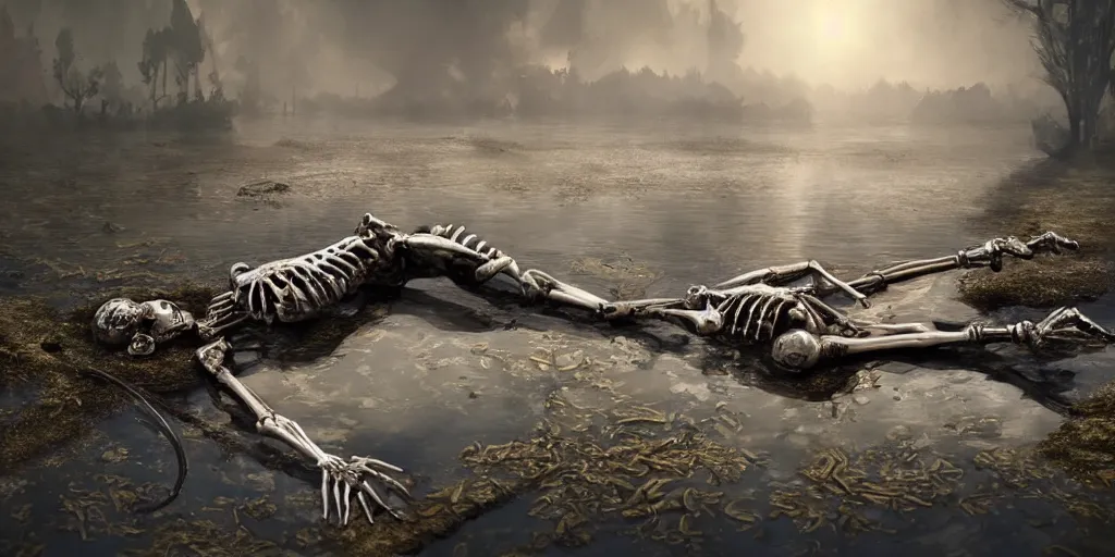 Image similar to skeleton lying in a puddle of mercury, pipe sticking out of the lake, fantasy, digital art, trending on artstation