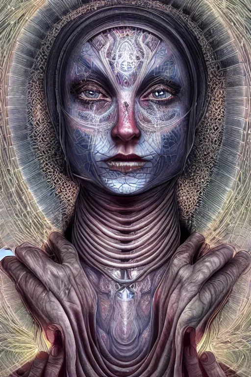 Prompt: cinematic portrait of an AI. Centered, uncut, unzoom, symmetry. charachter illustration. Dmt entity manifestation. Surreal render, ultra realistic, zenith view. Made by hakan hisim feat cameron gray and alex grey. Polished. Inspired by patricio clarey, heidi taillefer scifi painter glenn brown. Slightly Decorated with Sacred geometry and fractals. Extremely ornated. artstation, cgsociety, unreal engine, ray tracing, detailed illustration, hd, 4k, digital art, overdetailed art. Intricate omnious visionary concept art, shamanic arts ayahuasca trip illustration. Extremely psychedelic. Dslr, tiltshift, dof. 64megapixel. complementing colors. Remixed by lyzergium.art feat binx.ly and machine.delusions. zerg aesthetics. Trending on artstation, deviantart