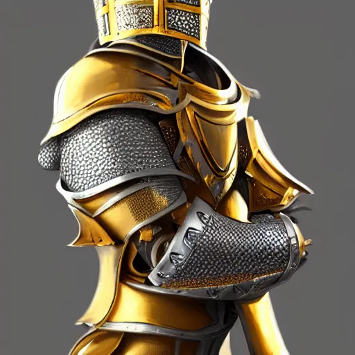 Image similar to a highly detailed full-length knight in a golden helmet and crown with a diamond in the center, golden armor, leather clothes under the armor, leather gloves, king artstation, DeviantArt, professional, octane render, epic, blender