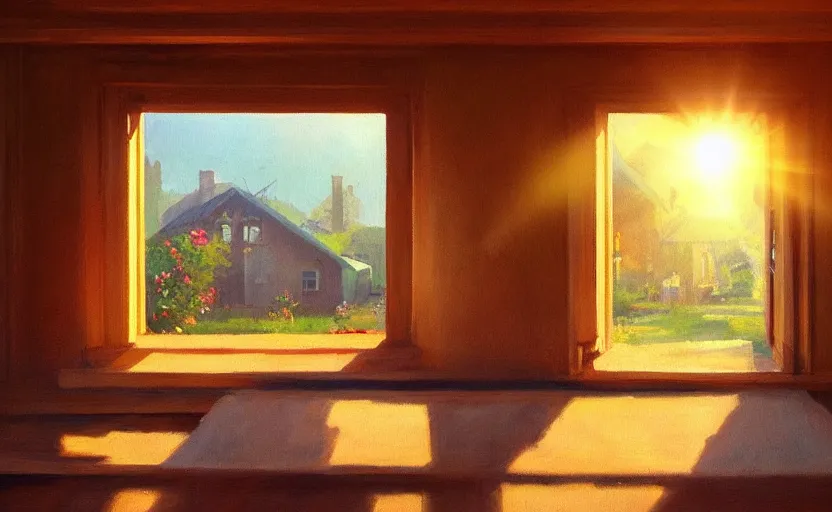 Prompt: happy morning and the rays of the morning sun shining through the window of the village house. very beautiful, clear sky, warm colors, oil painting, high detail, trending on artstation