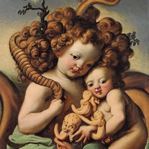 Image similar to cherubs with snakes for hair, extremely detailed, a baroque painting, rococo style