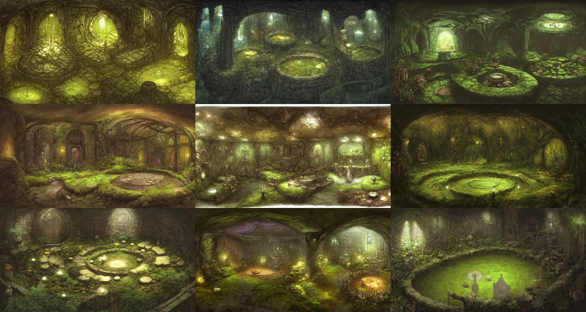 Prompt: underground room, round soft glowing pool in the centre, earth walls with mosses and ferns, damp, dark, gothic by rutkowski and brian froud, concept art
