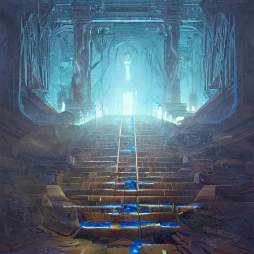 Prompt: under ground, library, overdetailed art, by greg rutkowski, glowing blue veins