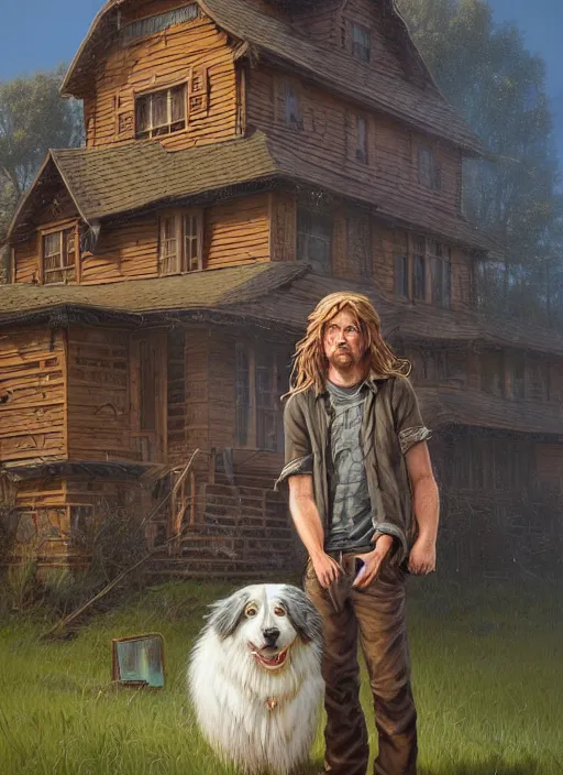 Prompt: highly detailed portrait of long - haired hillbilly in front of old style house, with his fluffy australian shepherd, blonde hair, stephen bliss, art by greg rutkowski, loish, rhads, ferdinand knab, makoto shinkai and lois van baarle, artgerm, pixar, ilya kuvshinov, rossdraws, tom bagshaw, global illumination