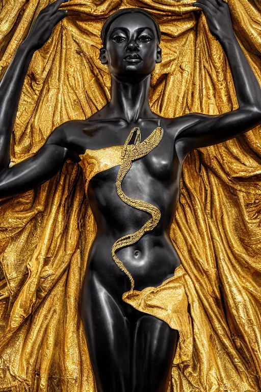 Prompt: hyperdetailed masterpiece portrait of a glossy black marble statue of a ballerina covered in gold metallic liquid in the style of virgil abloh, offwhite, heron prestorn, denoise, vogue, paris, fashion, louvre museum, highly detailed, realistic, hyperreal, 8 k, 4 k, render