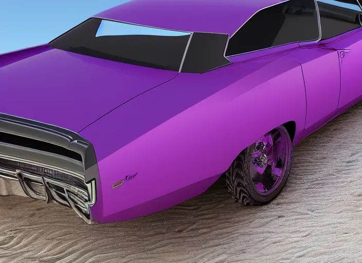 Image similar to hyperrealism, detailed textures, photorealistic 3 d render, a dreamy beach in cuba, a 1 9 7 0 hemi charger with plum crazy purple colour scheme, sharp focus, ultra realistic, ultra high pixel detail, cinematic, intricate, cinematic light, concept art, illustration, art station, unreal engine 8 k