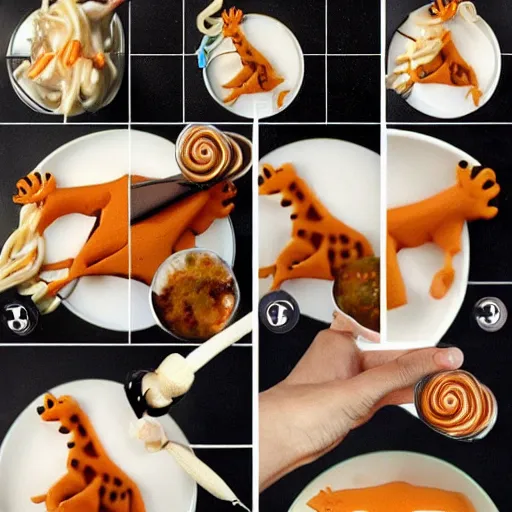 Image similar to making of an edible giraffe from noodles and soy sauce in 1 0 easy steps, from the beautiful'how to make food art step by step collection ', dslr