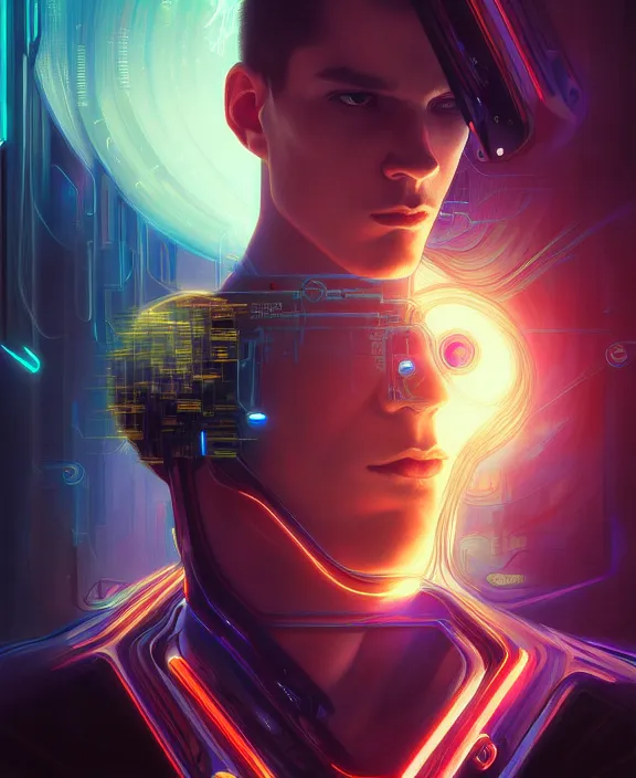 Image similar to a whirlwind inside the metaverse, guy, male, man, hologram, half body, neurochip, android, cyborg, cyberpunk face, by loish, d & d, fantasy, intricate, elegant, highly detailed, colorful, digital painting, artstation, concept art, art by artgerm and greg rutkowski and alphonse mucha