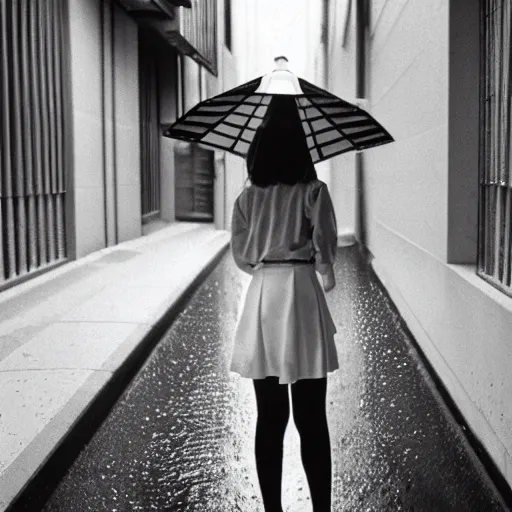 Image similar to 1990s perfect 8K HD professional cinematic photo of close-up japanese schoolgirl posing in sci-fi dystopian alleyway at morning during rain, at instagram, Behance, Adobe Lightroom, with instagram filters, depth of field, taken with polaroid kodak portra