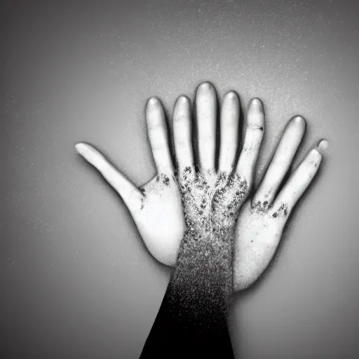 Image similar to hands making contact in the metaverse, organic liquid textures, organic growth, particles, flowing, abundent in details, transparent, surreal dramatic lighting