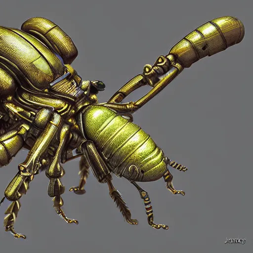 Prompt: Macrophotography of a steampunk biomechanical insect, 3d, digital painting, foggy ambient