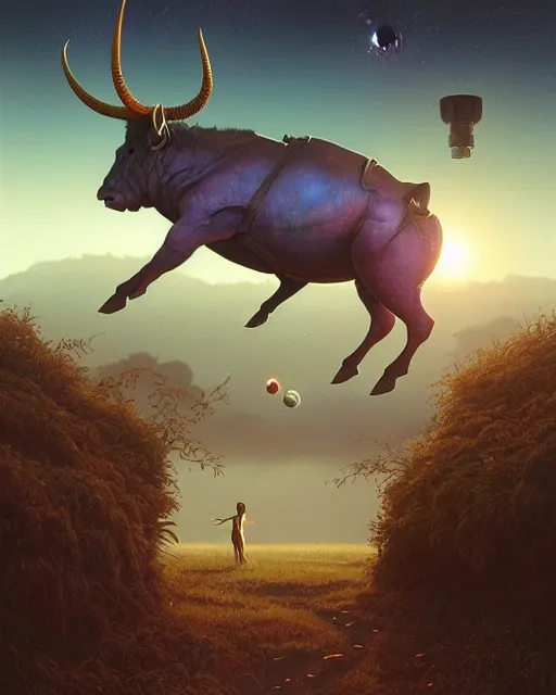 Prompt: highly detailed surreal vfx portrait of a futuristic minotaur in a rural farm with planets in background, stephen bliss, unreal engine, greg rutkowski, loish, rhads, beeple, makoto shinkai and lois van baarle, ilya kuvshinov, rossdraws, tom bagshaw, alphonse mucha, global illumination, detailed and intricate environment