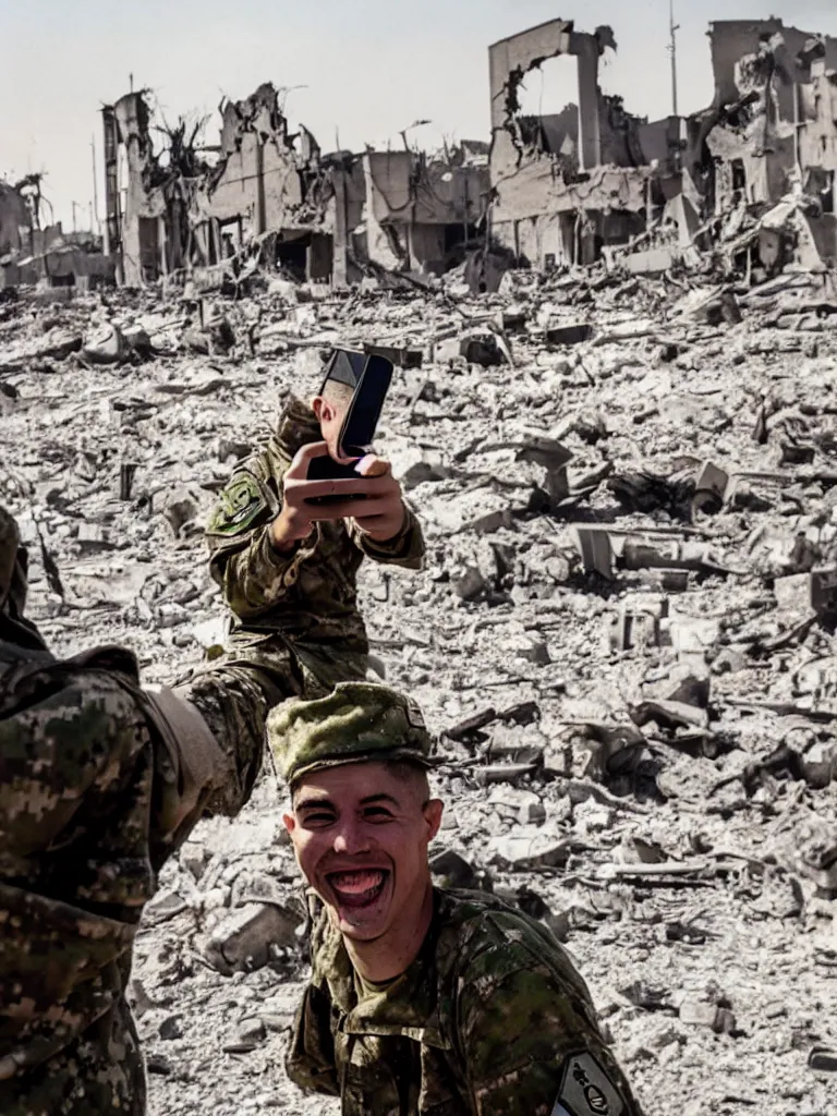 Prompt: a hysterical smiling soldier taking selfies, posing in front of bombed city, explosions in the background, close ups, war scenery, surrealism aesthetic, vivid colors, tv, noise