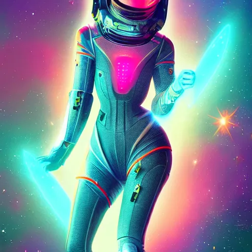 Prompt: a beautiful woman in a futuristic feminine spacesuit flying through space with galaxies in the back, epic lighting, digital art, vector art, artwork by beeple and lisa frank, fantasy, intricate, highly detailed, artstation, octane render