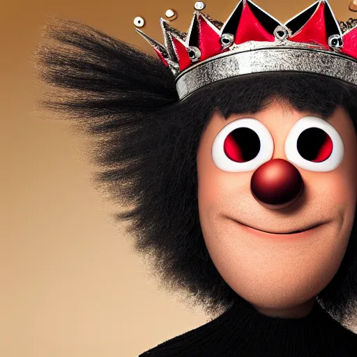 Prompt: man with a crown, smirk, photograph, black backgrounds, glowing red eyes, pixar