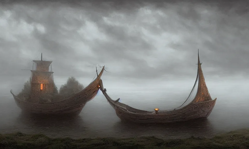 Prompt: a viking ship with a lantern rowing through the fog by lee madgwick