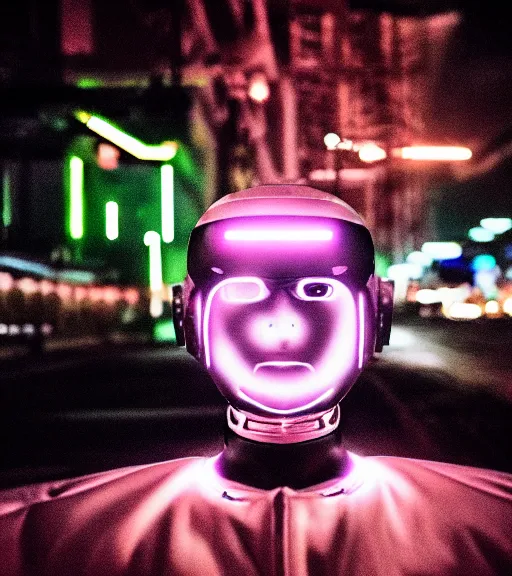 Image similar to portrait of robot lowlight neon lights, cinematic,4k,35mm,street photo, epic