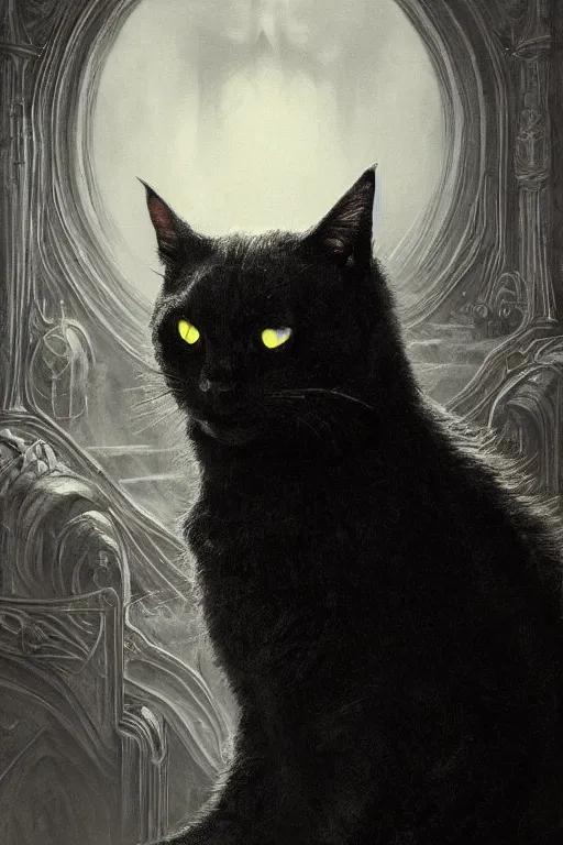 Image similar to artstation concept of a black cat as the dark lord sauron, dark mordor background, evil and dark, hyperdetailed, artstation trending, world renowned artists, worth1000.com, historic artworks society, antique renewel, cgsociety, by greg rutkowski, by Gustave Dore, Deviantart