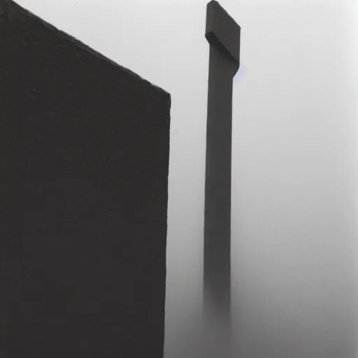 Image similar to very tall concrete sculpture reaching into the fog, expired film, old polaroid, night, megalophobia,