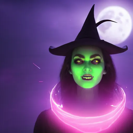 Prompt: portrait of wicked moon witch, beautiful, attractive, glowing, jaw dropping, magical, dynamic lighting, dark, menacing, 4 k, octane render, age 2 0, background moon