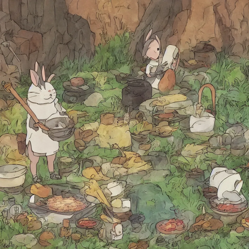 Image similar to a rabbit cooking in the style of studio ghibli